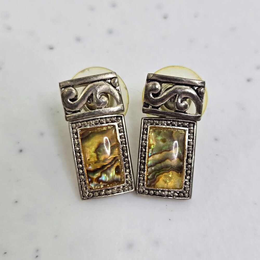 Abalone Earrings Silver Tone Swirl Filigree Yellow Shell Mother of Pearl Stud